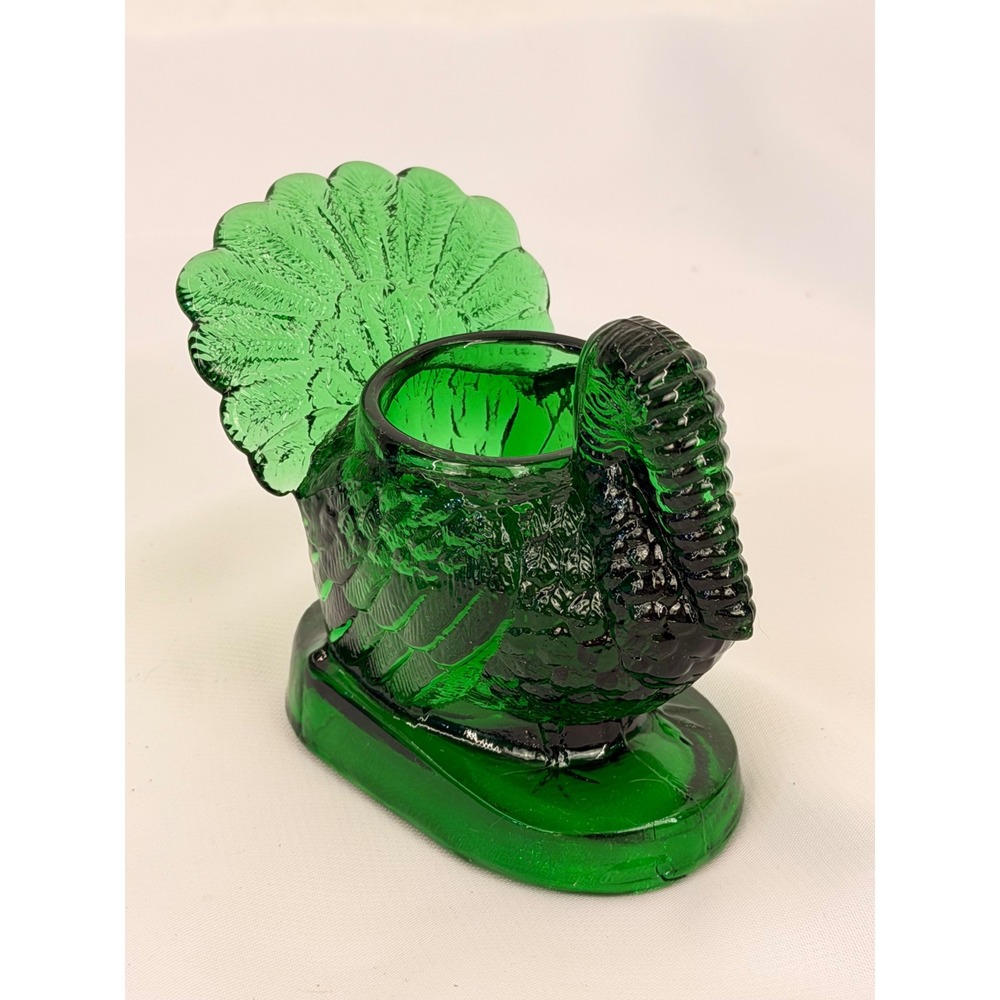 Mosser Green Glass Turkey Toothpick Holder Figurine Thanksgiving Decor